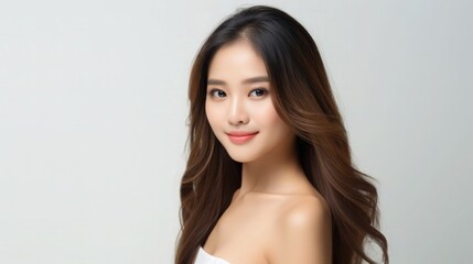 Naklejka premium Beautiful Asian Chinese Woman Portrait Studio Photo Photography Profile Picture Young Model with Long Hair for Fashion Beauty Skincare Haircare Products on White Light Color Background 16:9