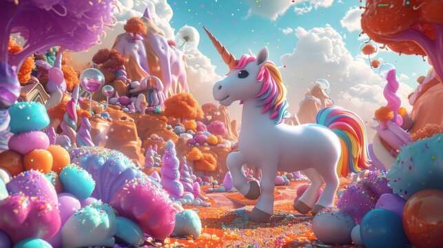 In A Magical Candy Land A Unicorn Calmly Juggles An Ortment Of Sparkling Jellybeans With Its Horn While A Group Of Enchanted Creatures Look On In Awe