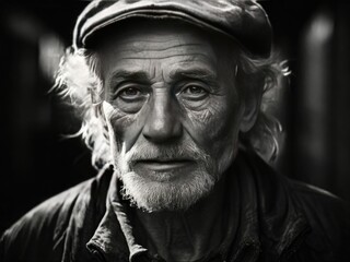An old man looks hopelessly at the camera. The problem of homeless people
