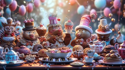 A gathering of chocolates dressed in fancy outfits holding a tea party where all the treats are rep with different flavors of chocolate