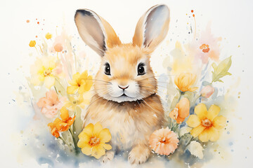Adorable watercolor red bunny close-up surrounded by yellow and orange flowers
