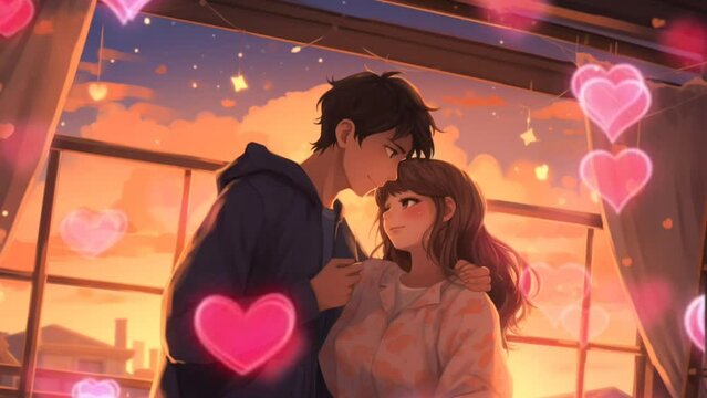 Lofi anime girl, cuddling with her boyfriend in the room, romantic and valentine couple concept. seamless looping time-lapse 4k animation video background