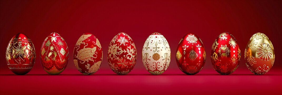 Red Easter eggs with gold decoration in a row on a red background. Banner, greeting card, ornament. Free space for copying. Religious holidays concept