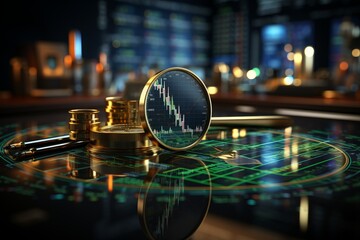 Magnifying Glass over Business Line Graph, on an isolated Royal Blue background, Generative AI