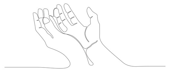 Obraz premium One continuous line drawing of hand in praying pose. both two raised hands up .doodle outline art line vector illustration.