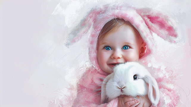 Smiling baby girl in a pink Easter bunny costume hugs white fluffy bunny on white background. space with place for text. Illustration, watercolor drawing