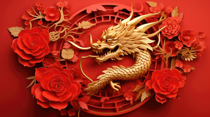 Golden Chinese wooden dragon statue in red background with flower, cloud and wave. Religion and...