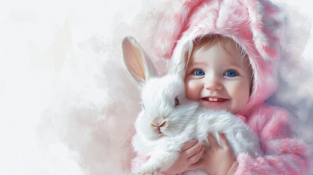 Smiling baby girl in Easter bunny costume hugs white fluffy bunny on white background. space with place for text. Illustration, watercolor drawing