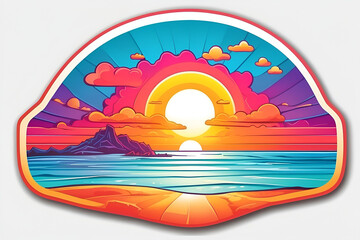 Happy Beach Sun Sticker: Neon Folk Art Vector on White Background