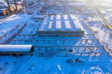 Winter top view of the metallurgical plant and industrial zone
