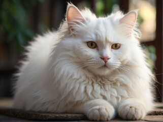 Naklejka na ściany i meble A photo featuring a beautiful, fluffy white cat with alert expression