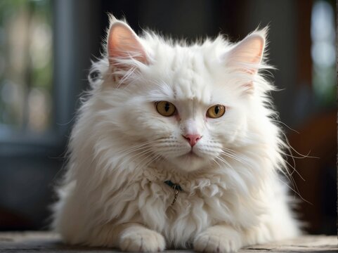 A photo featuring a beautiful, fluffy white cat with alert expression
