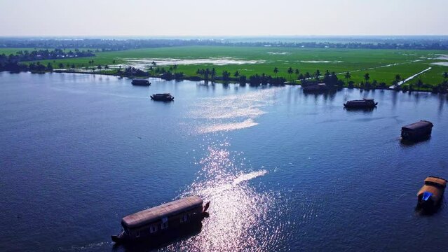 Aerial shot of Houseboats on Kerala backwaters, in Alleppey, Kerala, India
