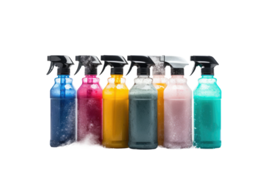 Spray Bottles in Different Colors Diversity in Cleaning Applications on a White or Clear Surface PNG Transparent Background.