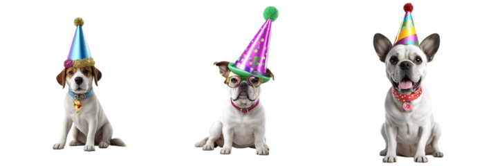 Set of Cute Dog Wearing Party Hat on Transparent Background: PNG, SVG, Clipart, Printable Illustration, Detailed