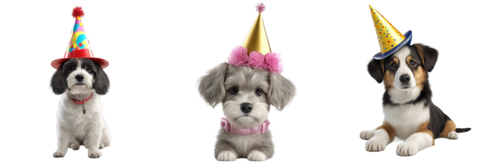 Set of Cute Dog Wearing Party Hat on Transparent Background: PNG, SVG, Clipart, Printable Illustration, Detailed