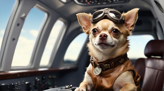 a portrait photo of a chihuahua dressed as a pilot, seated in the cockpit of a commercial airliner.