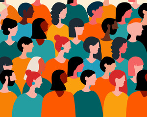 Diverse group of stylish people standing together. side view male and female characters of various nationalities.