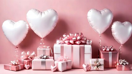 Gifts and foil balloons in soft pink colors. Pale pink decorations for the holiday