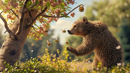 A mischievous bear trying to use a cherry tree as a ladder to steal honey from a beehive only to have the tree spring back like a catapult - obrazy, fototapety, plakaty