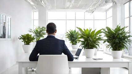 Back view on a man working in a bright, cozy office with plants and big windows. Businessman sitting at a table in the office.