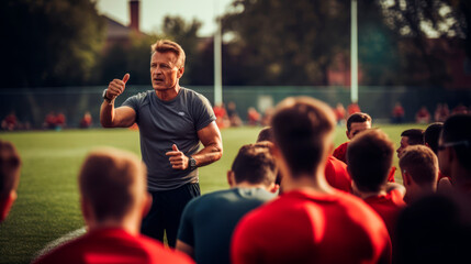 A serious coach in a sports uniform communicates with the team on the soccer field, showing the 