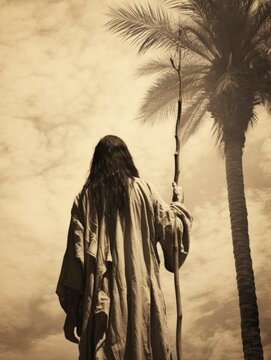back of jesus holding a staff. Looking at palm tree. ancient photo, copy space - generative ai