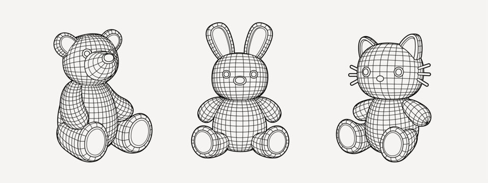 Y2k grid wireframe bear bunny cat toy. Geometry cyberpunk shapes in neon pink color.