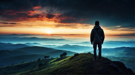 portrait of a man standing at the end of a hill, brave, looking at the view with beautiful sunlight