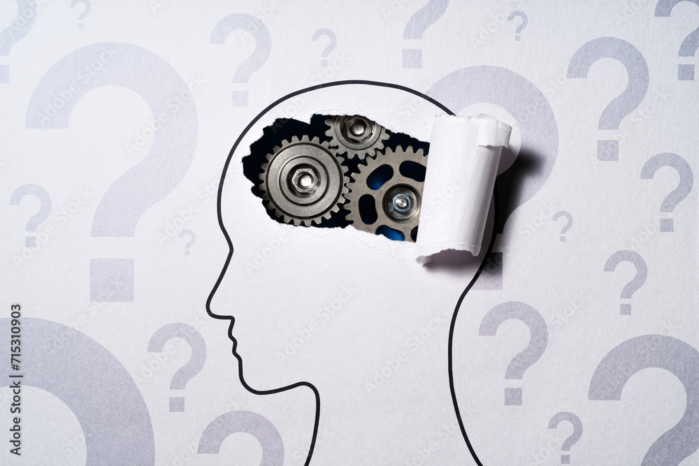 Poster Thinking about problems and questions. Human head silhouette and gears. Many question marks.