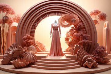 Fashion Show Exhibition Stand, on an isolated Rose Gold background, Generative AI