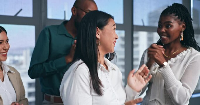 Business people, applause and congratulations for promotion of woman, celebration of success and excited. Team, clapping hands and employee achievement, praise or laughing at office meeting together