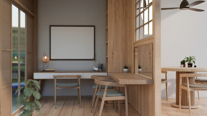 Interior design of a modern, cosy, Scandinavian cafe co-working space seating area with tables.