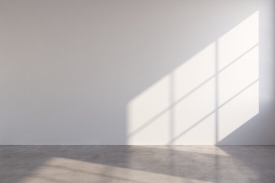 Empty minimalist interior space background with natural sunlight on white wall and polished concrete floor.