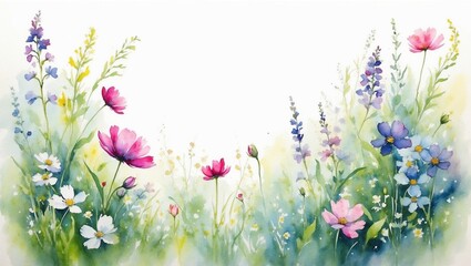 Illustration, postcard, banner: watercolor drawing of a bouquet of meadow flowers with copy space for text.	