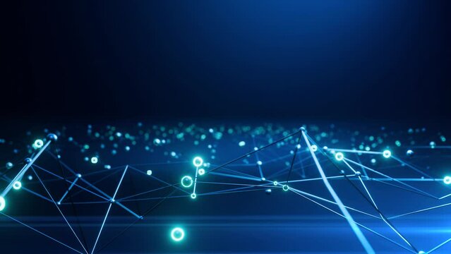 abstract plexus futuristic technology background, glowing dots and particles moving on blue background, 4k animated seamless loop