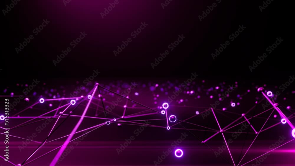 Wall mural abstract plexus futuristic background, glowing dots and particles moving on purple background, 4k an