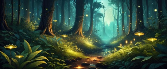 Painting of a beautiful forest with full of plants and fireflies, Fantasy Art
