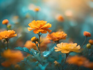 Abstract bokeh background with a mix of marigold and aqua colors, soft and dreamy artistic style,