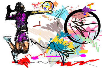  woman hit ball volleyball sport art brush strokes style