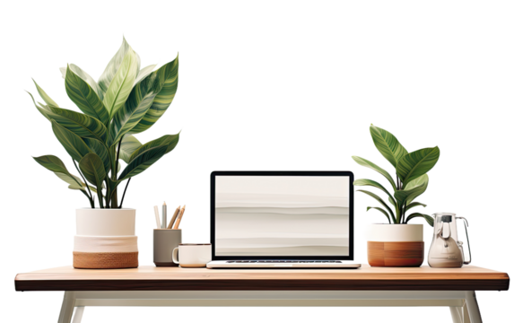 Home Office Setup with Computer, Plant Pot, and Desk Organizer on a White or Clear Surface PNG Transparent Background.