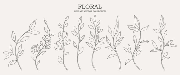 Continuous Line Drawing Set Of Plants Black Sketch of Flowers Isolated on White Background. Flowers One Line Illustration. Minimalist Prints Set. Vector EPS 10.