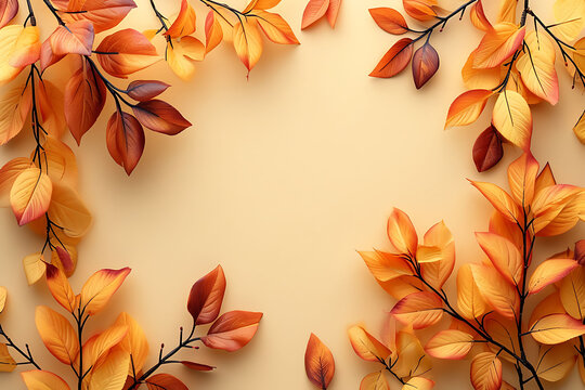 Real Orange and Yellow Leaves Vine Around a Tranquil Copy Space, Crafting a Botanical Composition with Earthy Elegance and Minimalistic Serenity, Backdrop, background