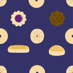 Eid Mubarak poster, background, holiday cover set seamless pattern. Suitable for greeting card, banner, or social media design. Cute cartoon Eid Mubarak cookies seamless background pattern.