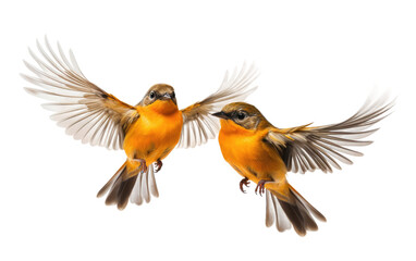 Delight in the Aerial Symphony of Orange Sparrows in Perfect Unity on a White or Clear Surface PNG Transparent Background.