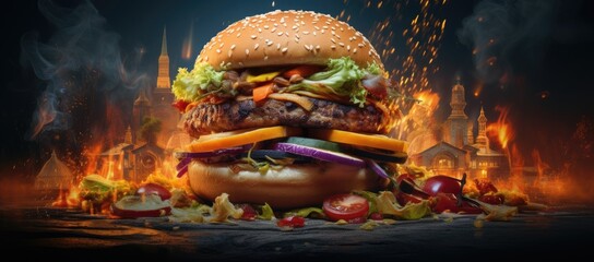 Hamburger showcased against a black backdrop. - obrazy, fototapety, plakaty