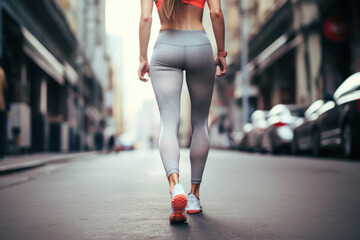 Runner athlete running on city road. Woman fitness jogging workout wellness concept. rear view