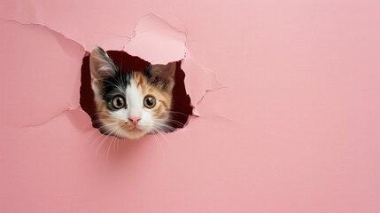 Calico cat poking head out of a hole in the paper wall , pink background