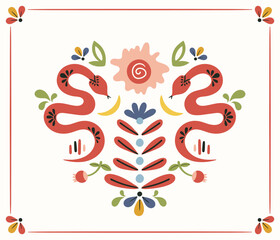 Obraz premium Folk ready to use vector print in Scandinavian style, hygge isolated design on white. Composition with mirrored symmetrical snakes and flowers. The scandi folk floral motif