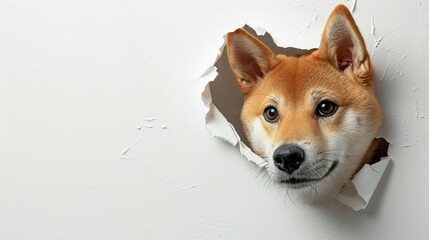 Shiba inu dog poking head out of a hole in the paper wall , white background - obrazy, fototapety, plakaty